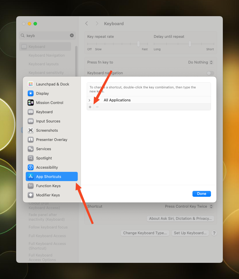 The Keyboard Shortcuts panel in System Preferences showing the App Shortcuts option