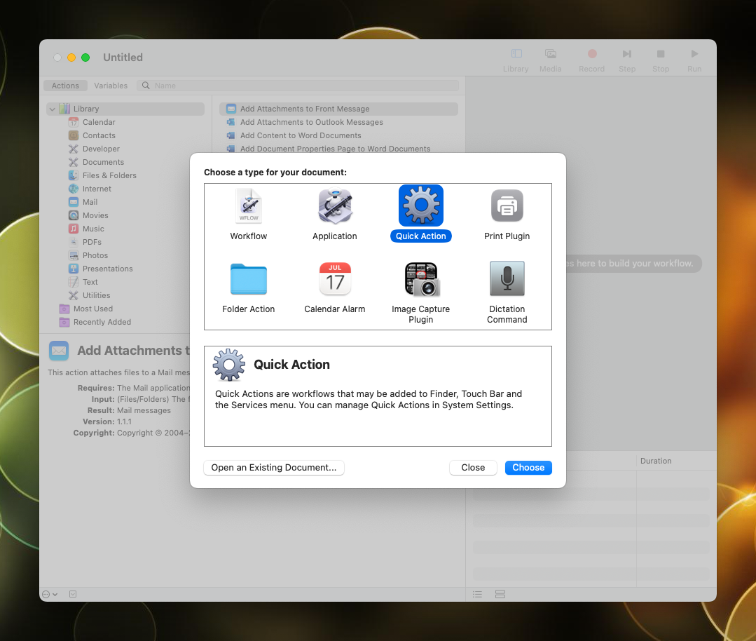 Automator Quick Action option is slected in the 'Choose a type for your document' context window