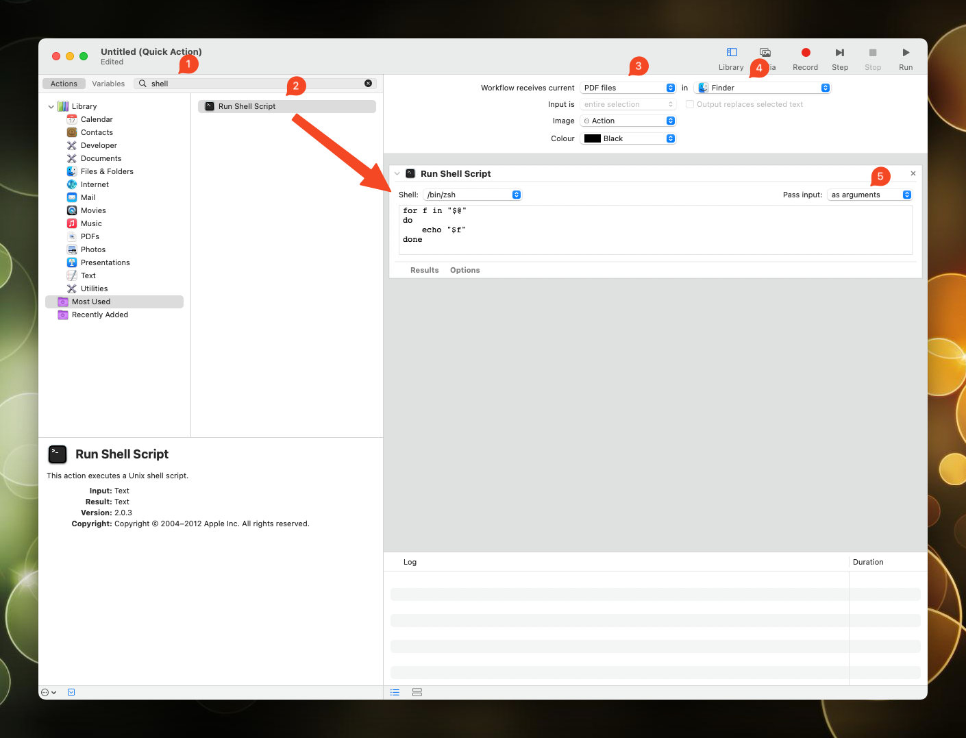 Automator Quick Action input is set to 'PDF files' in 'Finder' and a Run Shell Script step is added with input as arguments