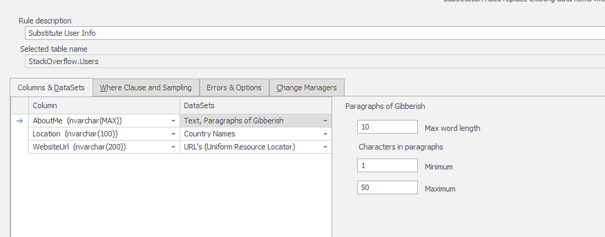 shows the AboutMe field being adjusted, options are max word length, and minimum & maximum characters in paragraphs