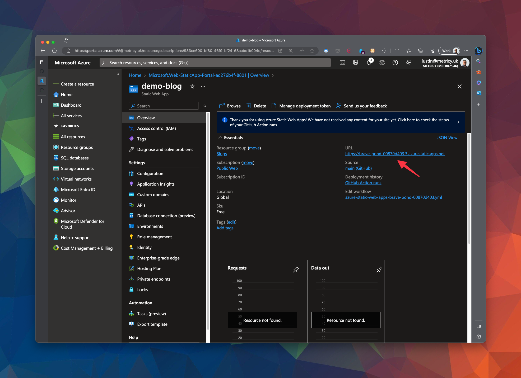 screenshot showing the overview section of the static webapp on the azure portal. In the right hand pane is a URL block that reads https://brave-pond-00870d403.3.azurestaticapps.net