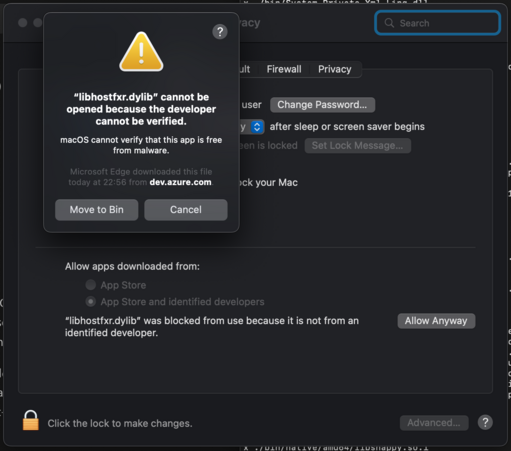 image shows macOS settings, the security section is open and a warning has popped up saying that a command cannot be run because the developer cannot be verified