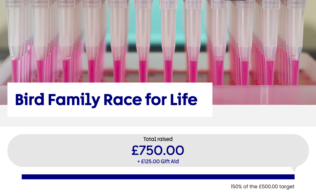 The image shows my charity page with the total funds raised £750.