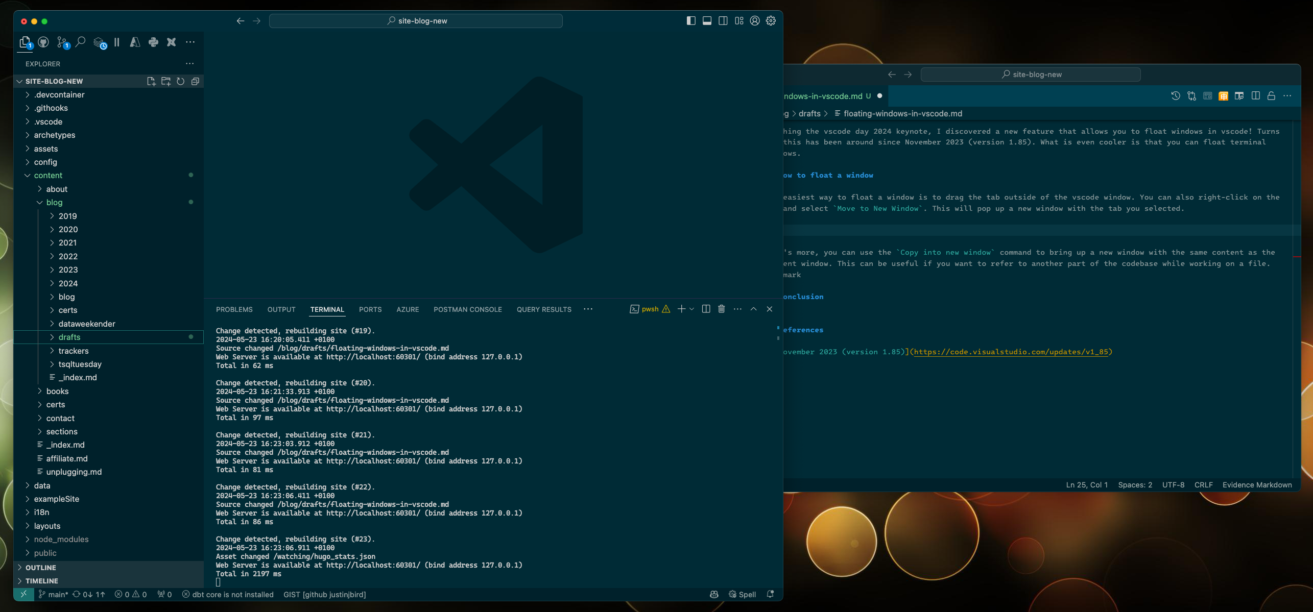 a screenshot of vscode running my blog, to the right of vscode is a floating window with the markdown of this bog post displayed.