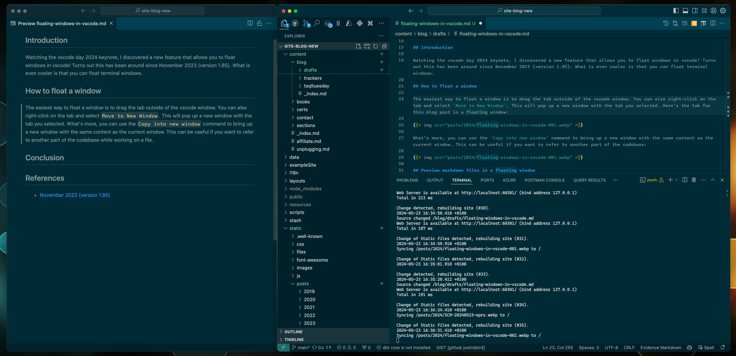 in this screenshot, the preview of this post is displayed, it is pinned to the left hand side of the vscode window