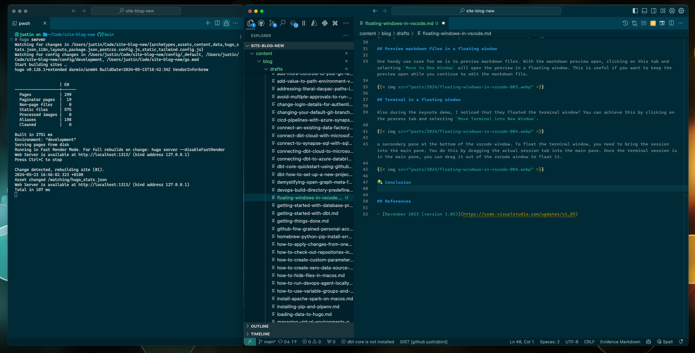 the final screenshot shows terminal displayed as a pinned window alongside vscode
