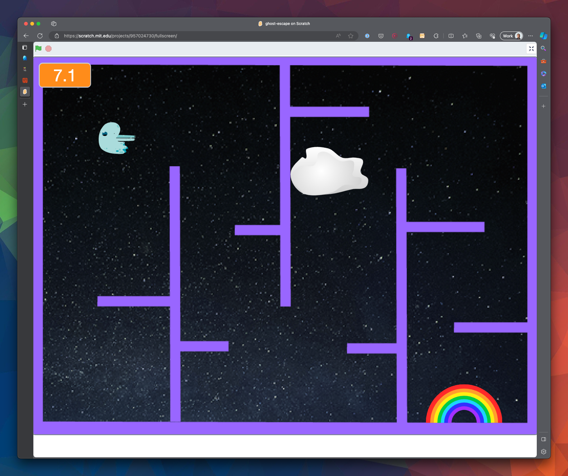 A picture of the game, there is a ghost trying to navigate around a purple maze, a cloud is chasing the ghost, and the ghost doesn't look best pleased. The ghost is trying to get to his home...a rainbow...at the end of the maze.