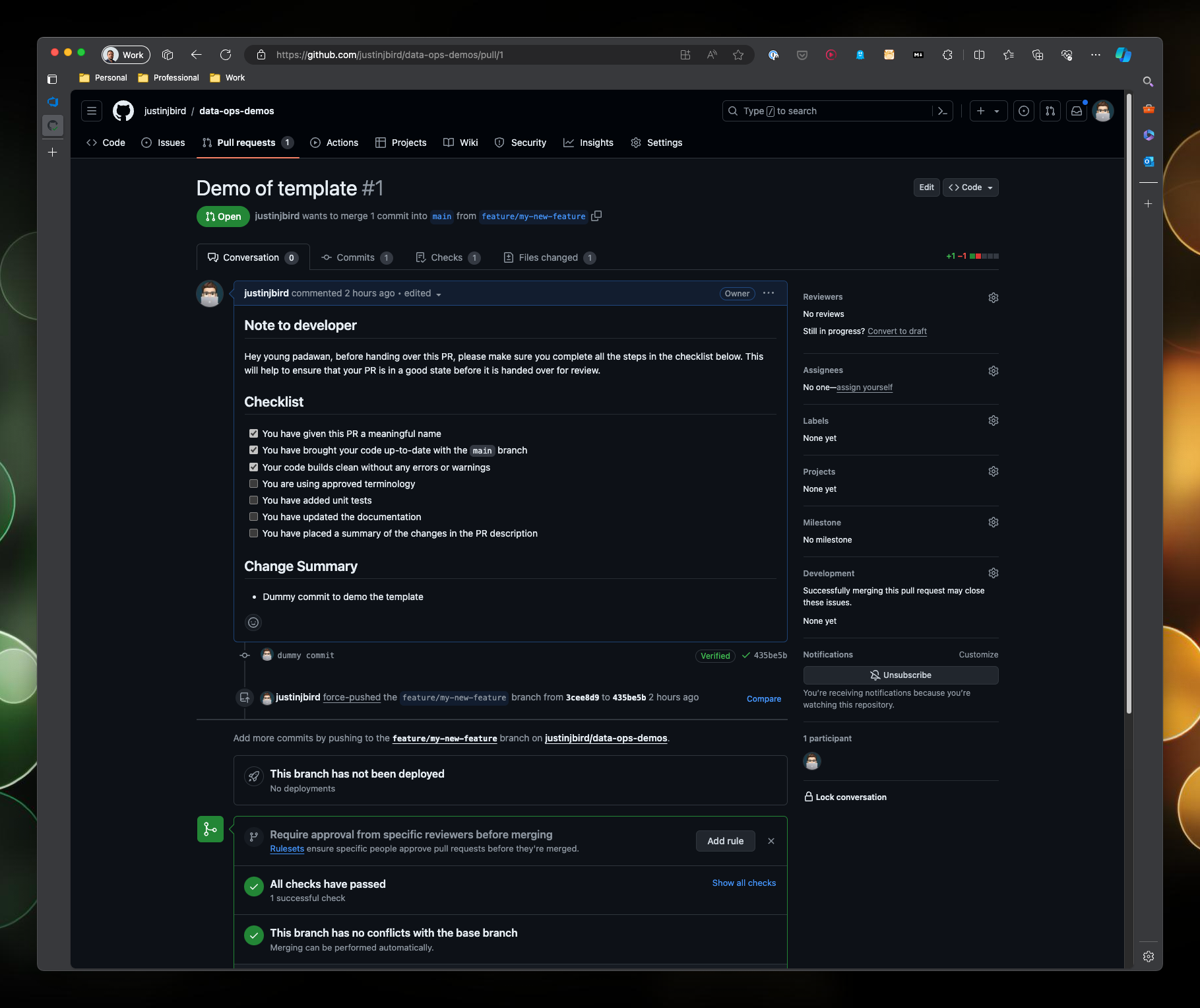 A screenshot of the Git Hub pull request screen, the template is displayed with the checklist shown as a set of checkboxes, some of the checkboxes have been ticked.