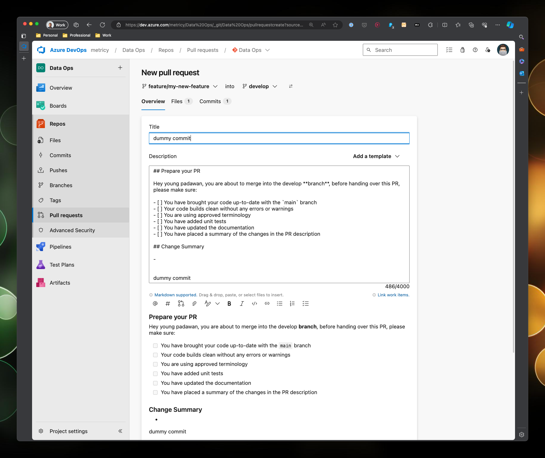 A screenshot of the Azure DevOps pull request screen, the template is displayed with the checklist shown as a set of checkboxes, this time the template is worded slightly differently as the pull request is targeting the has been set up to merge to the develop branch.